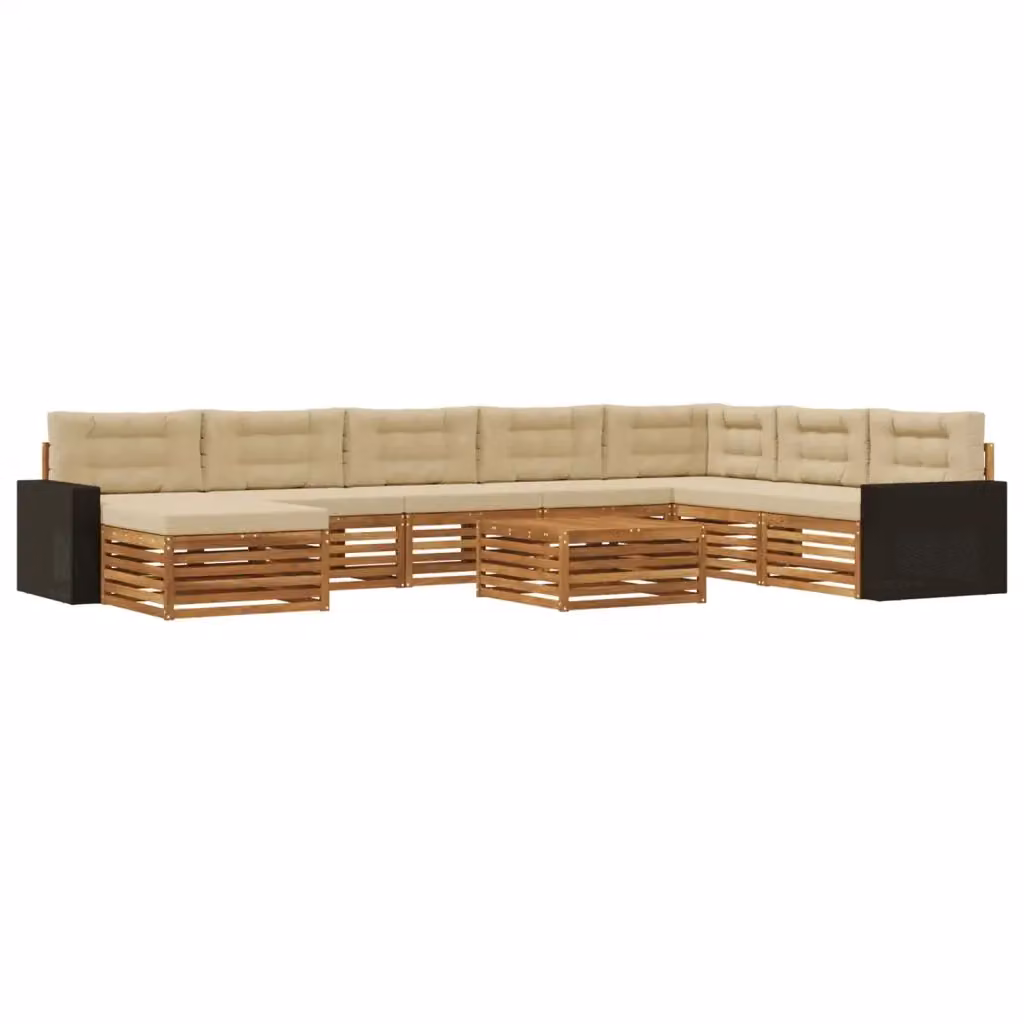 Set di divani da esterno a forma di U vidaXL in legno di acacia con tavolino e pouf, Beige e Marrone – 2