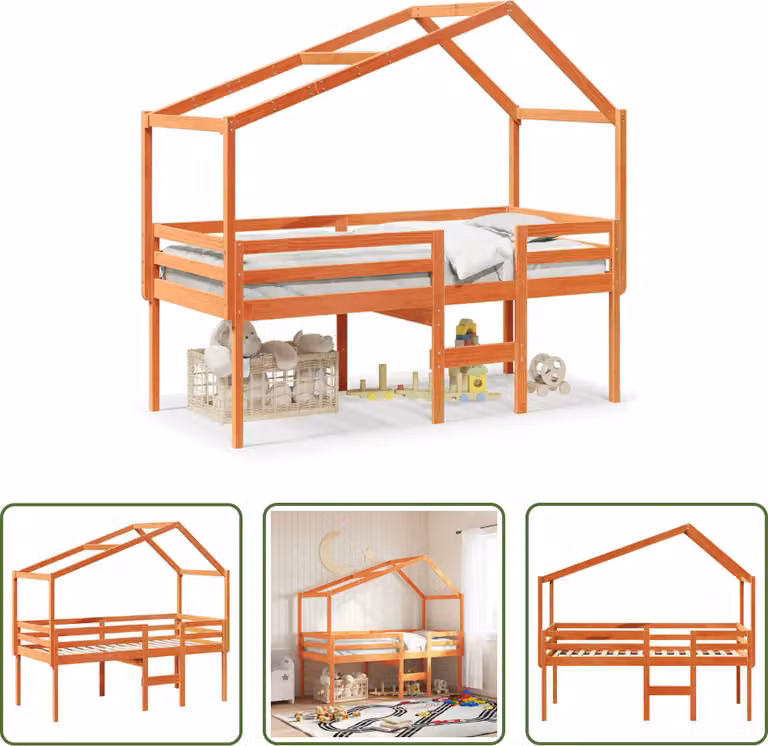 The Living Store Letto a soppalco con tetto a cera marrone 90x200 cm in legno di pino massiccio