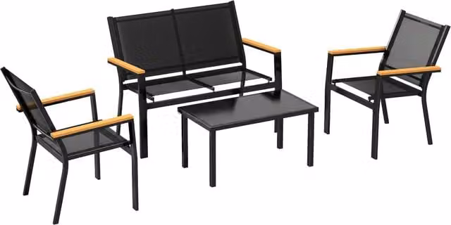 Set da giardino Komhtom per 4 persone con divano a 2 posti e tavolino, in metallo nero e tessuto textilene, L: 110 cm, P: 63.5 cm, H: 84 cm – 1