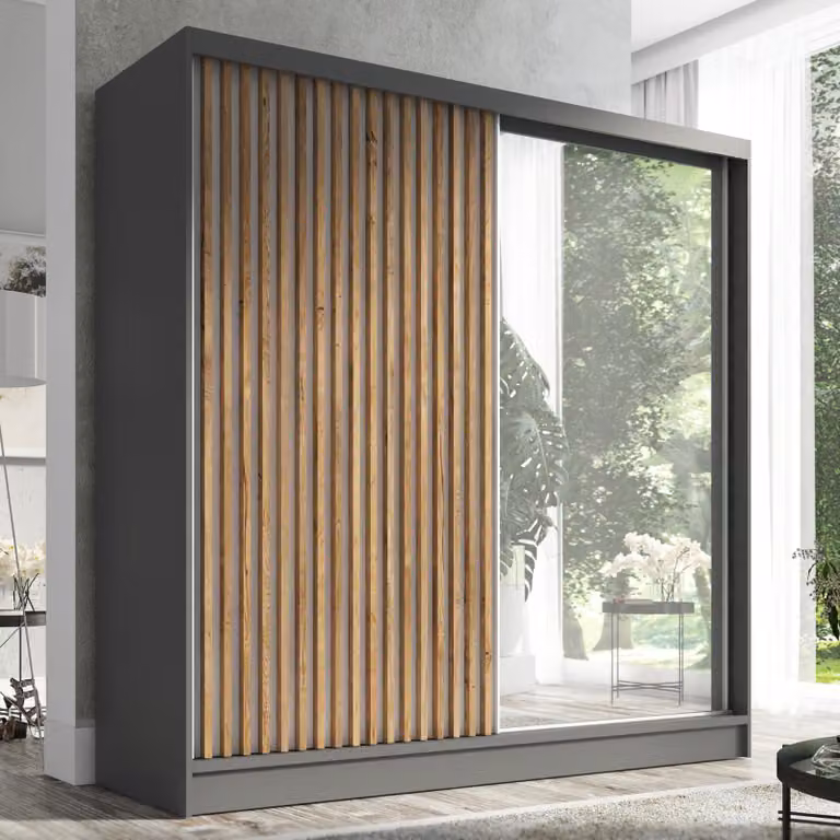 Armadio a battenti sospesi, a 2 ante, con specchio e lamelle 3D, modello Premium LINA, 200 cm (grafite)