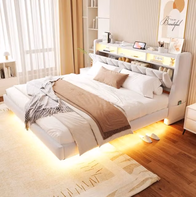 Letto imbottito 180x200 cm in velluto beige con LED; USB; Type-C e testiera ribaltabile