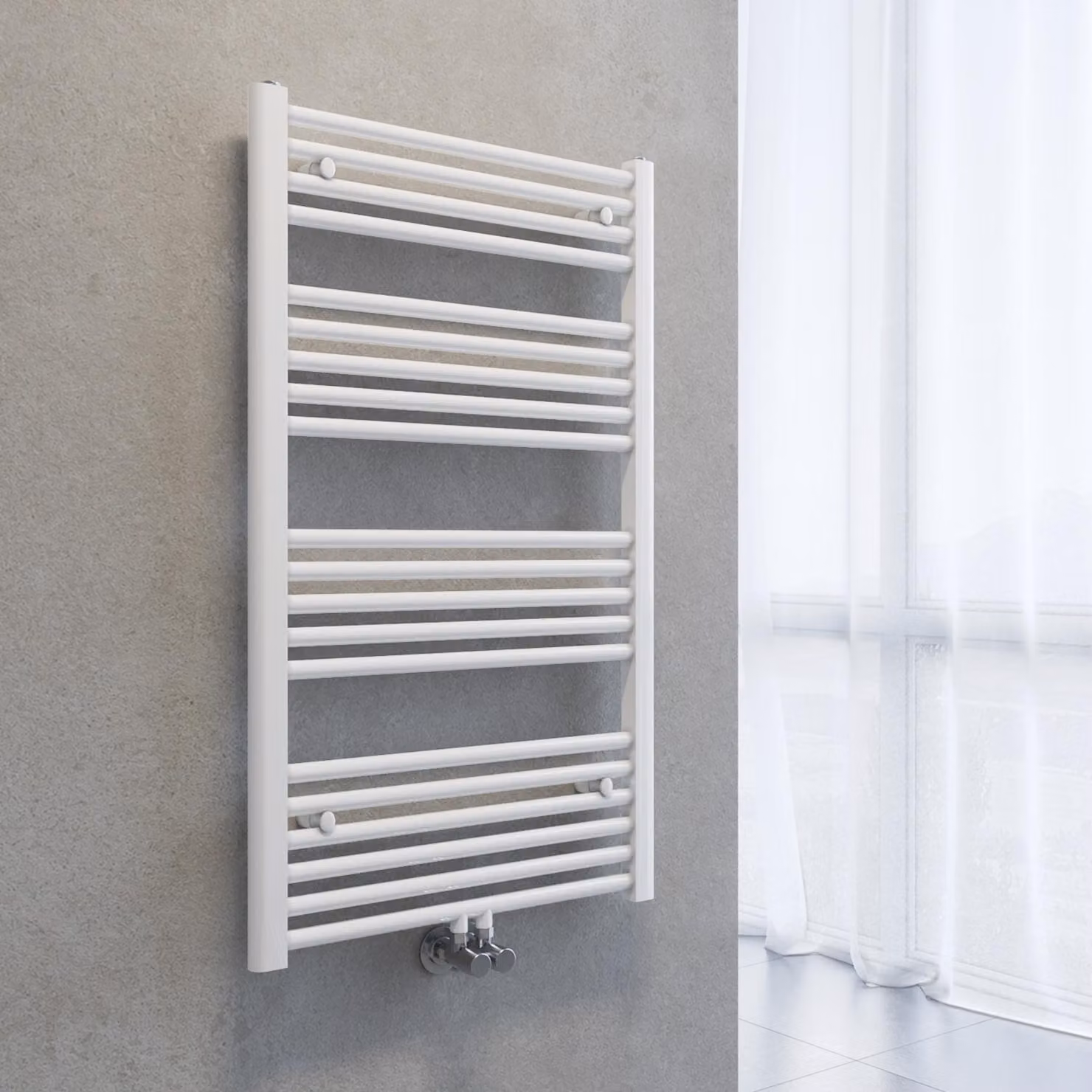 Radiatore asciuga-asciugamani SONNI, dimensioni 1000 x 600 mm, colore bianco, sistema di riscaldamento ad acqua calda, senza resistenza elettrica