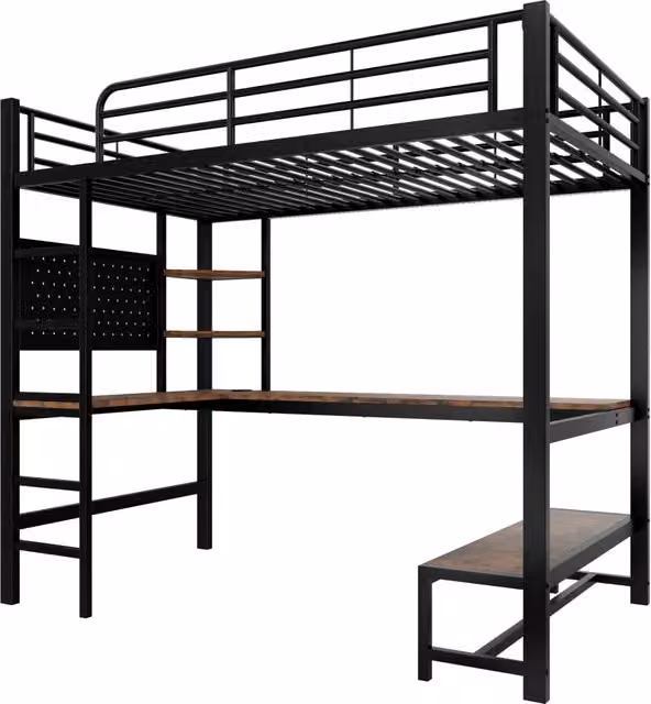 Letto a soppalco in metallo nero 90x200 cm con scrivania, mensole, LED, USB Type-C e scaletta