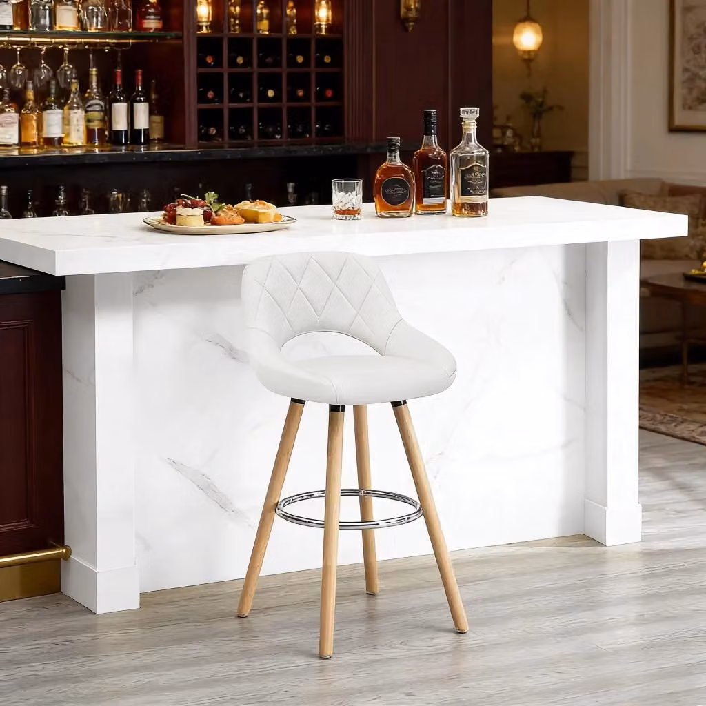Sgabello da bar ergonomico OKWISH con schienale e seduta in pelle sintetica e gambe in legno massello bianco – 2