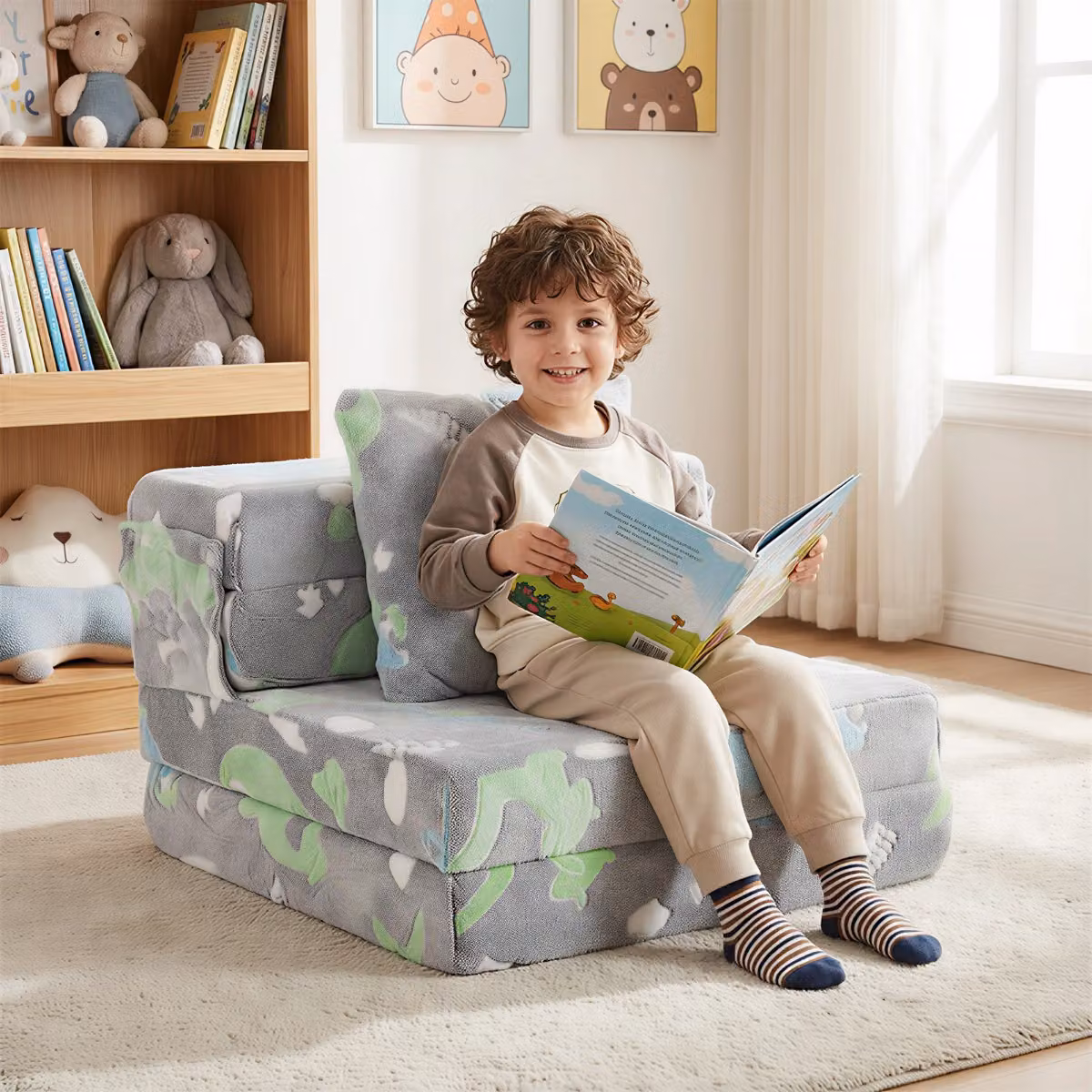 Divano letto 3-in-1 Costway per bambini con cuscino extra e coperture lavabili Grigio