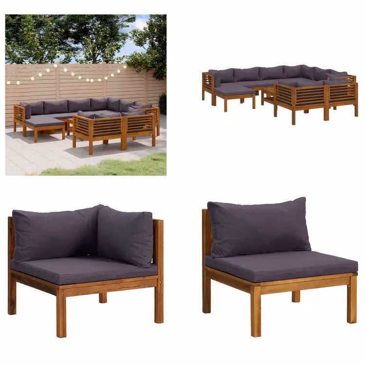 vidaXL 10 pezzi set salotto da giardino con cuscino in legno massiccio di acacia - Set salotto da giardino - Set salotto da giardino - Set divano modulare - Set divano modulare