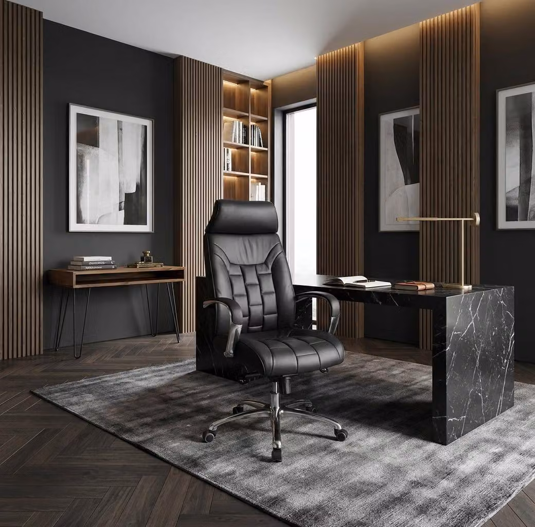Sedia da ufficio in vera pelle nera, fino a 120 kg, sedia da scrivania con funzione basculante, poltrona da ufficio per dirigenti, con braccioli, sedia girevole, taglia X-XL