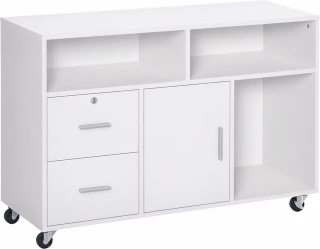 Mobiletto Multiuso HOMCOM Minimalista per Ufficio e Casa con Cassetti con Chiave e 4 Ruote, Bianco, L 100 cm x P 35 cm x H 65 cm – 1