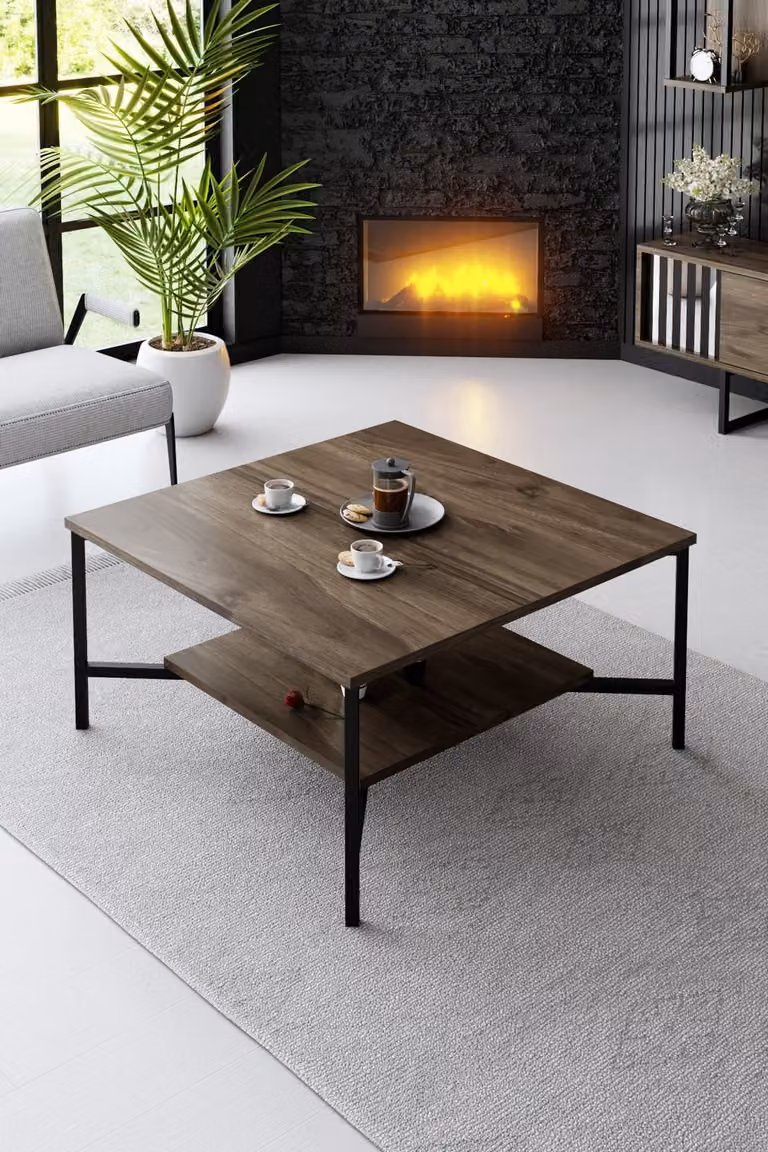 Skye Decor, Black Line - Walnut, Nero, Tavolino, noce, 100 % PANNELLI RIVESTITI IN MELAMINA, 80 x 80 x 40 cm