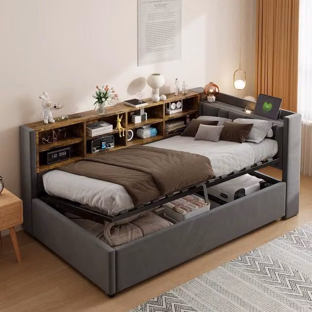 Letto Imbottito Contenitore 90x200 con Luce LED e USB ¨C MINIMAL ¨C Velluto Grigio Scuro