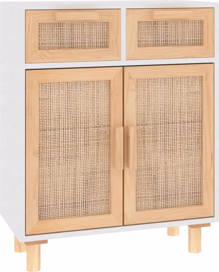 Credenza Bianca 60x30x75 cm Legno Massello Pino Rattan Naturale