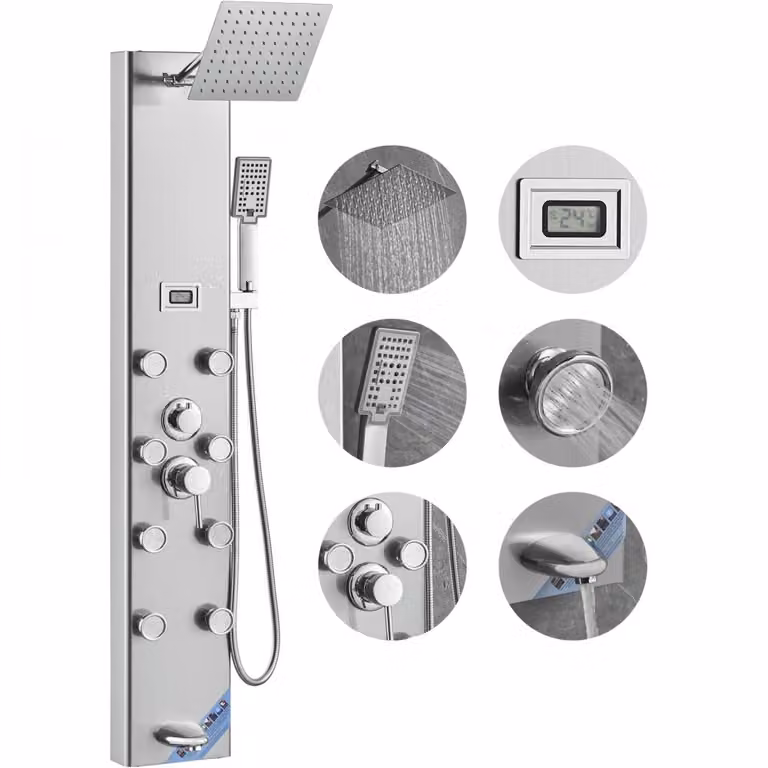Sistema a pannello doccia - 5 modalità doccia - display digitale - pioggia - 8 getti massaggianti - bocca da bagno - doccetta con 3 impostazioni - tubo flessibile da 59 pollici - set doccia a parete in acciaio inox