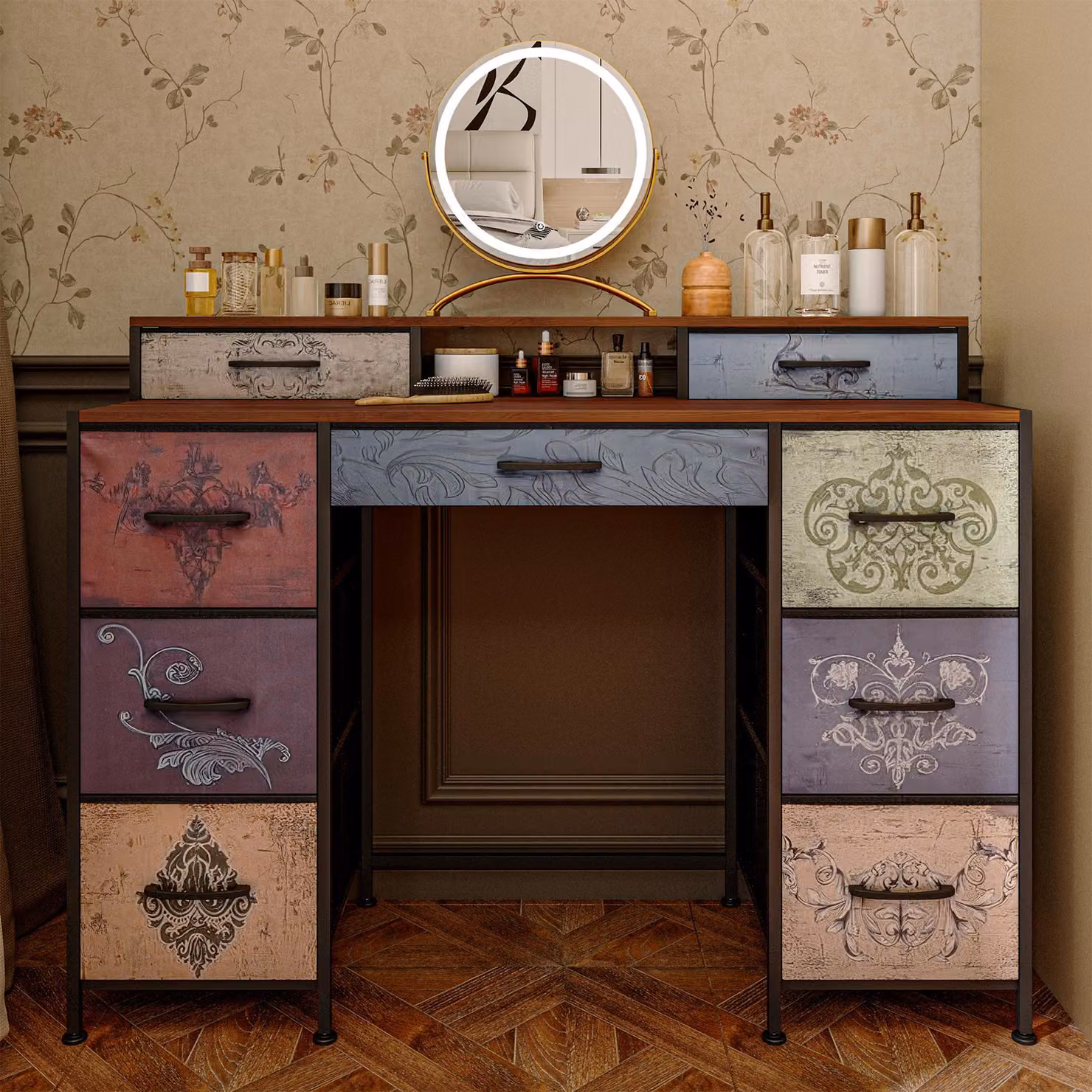 Tavolo da trucco con 9 cassetti, ampio spazio contenitivo, piano in legno, design bifacciale, piedini regolabili e dispositivo antiribaltamento.