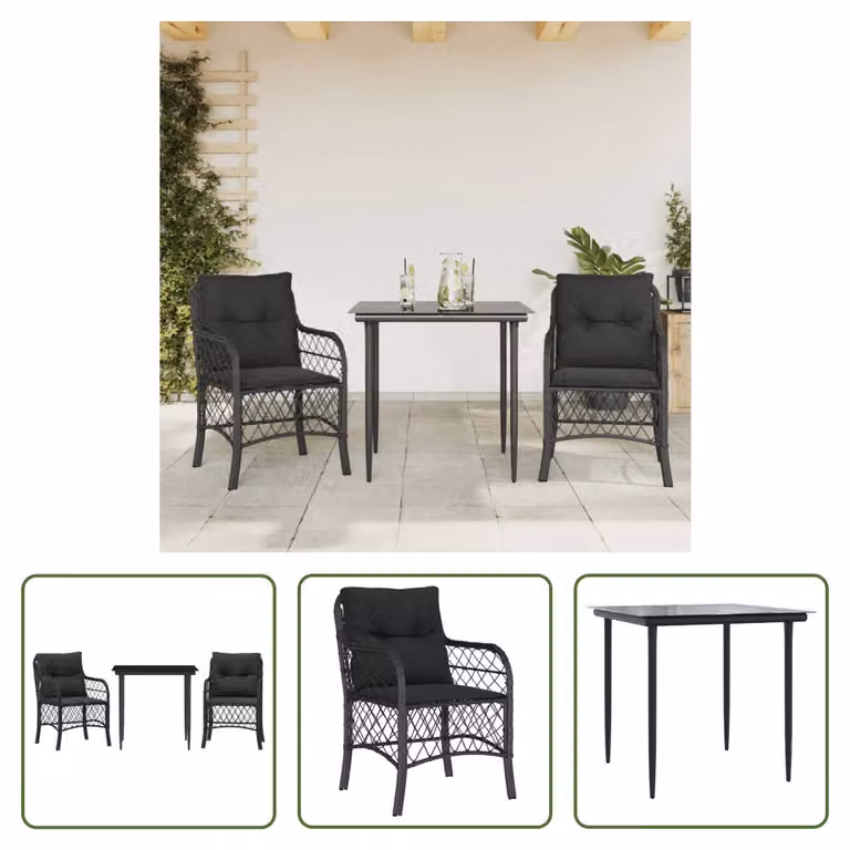 The Living Store Set bistrot 3 pezzi con cuscini in poly rattan nero