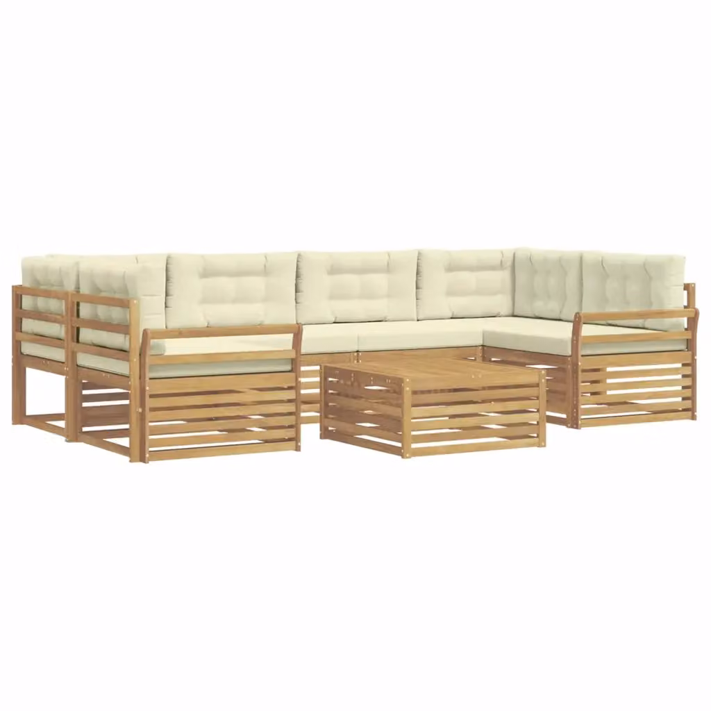 Set di divani da esterno a forma di U vidaXL in legno di acacia con cuscini, Bianco e Beige – 2