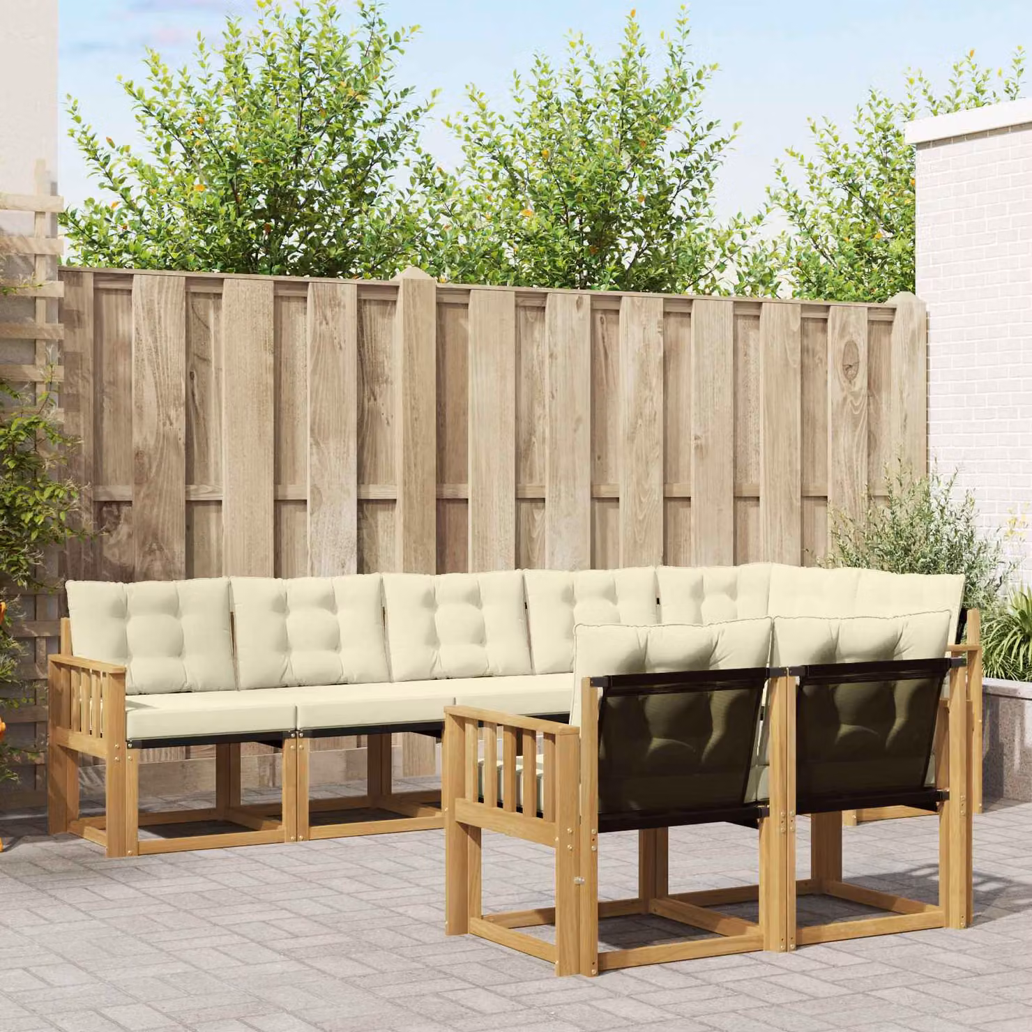 Set di divani da esterno vidaXL a forma di L composto da 8 pezzi in legno di acacia con cuscini in tessuto bianco, beige e marrone