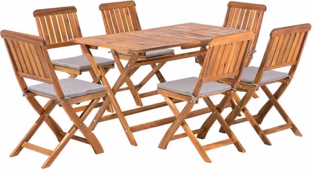 Set da pranzo da giardino Beliani in legno di acacia marrone con 6 sedie pieghevoli e cuscini L: 140 cm, P: 75 cm, H: 75 cm