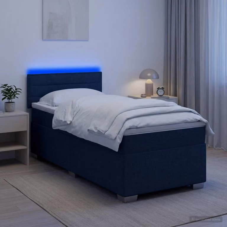 Letto a molle con materasso e illuminazione LED blu, dimensioni 90 x 190 cm, rivestito in tessuto