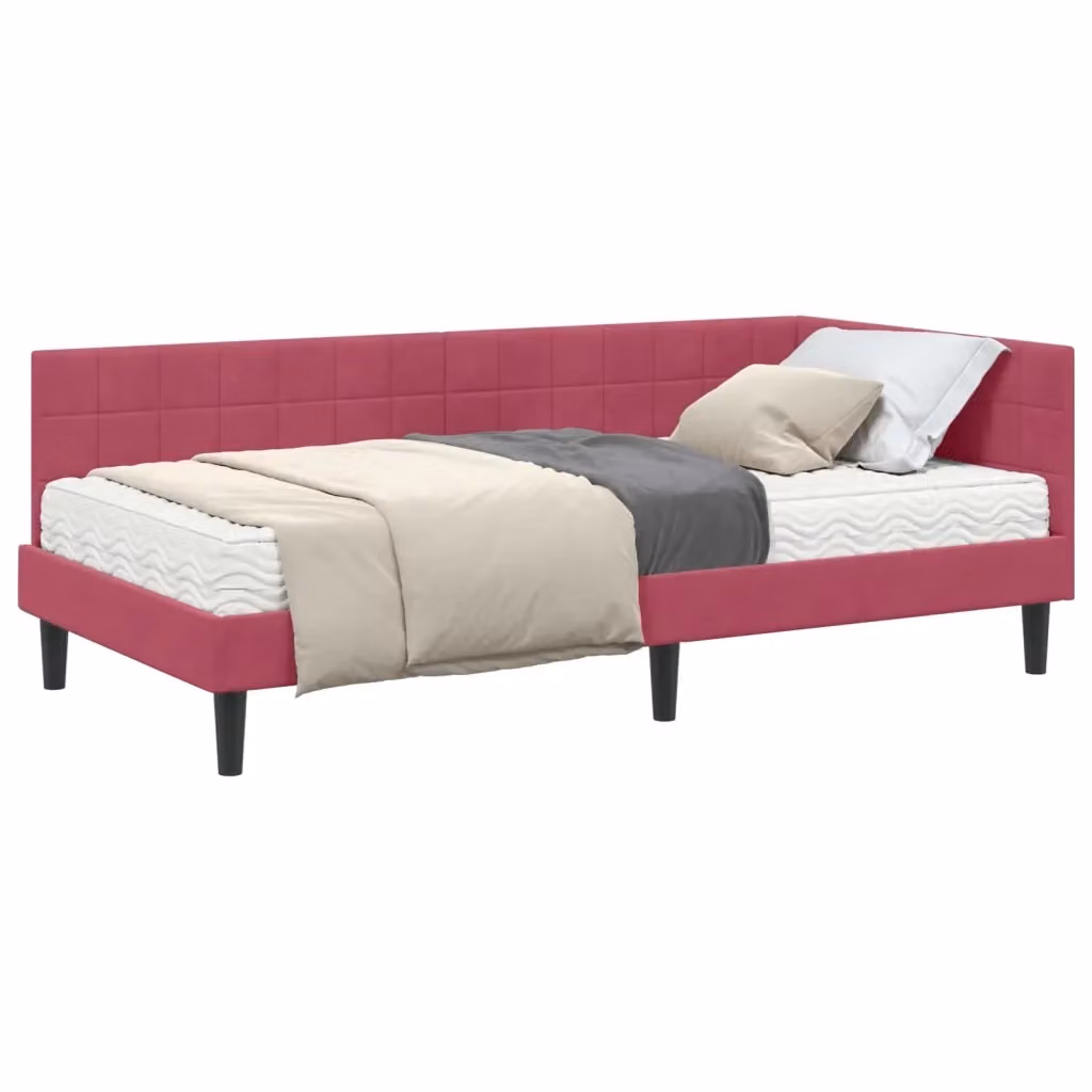 Letto Angolare Moderno vidaXL con 2 Materassi in Schiuma, Rivestimento in Velluto Rosso, L/P/H: 200 x 100 x 151 cm – 2
