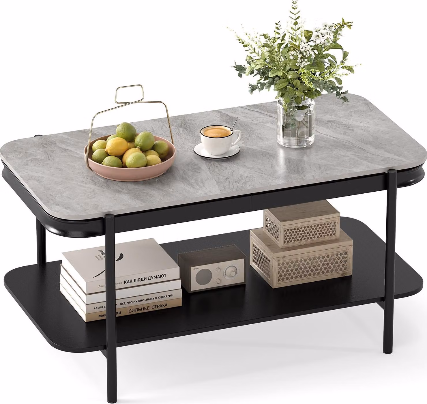 COSTWAY Tavolino da salotto, tavolino a 2 livelli con superficie in pietra sinterizzata e vano portaoggetti, tavolino da cocktail, tavolino da caffè con struttura in metallo, tavolino decorativo, grigio