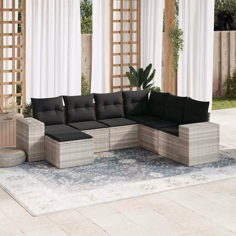 vidaXL Set Divani da Giardino a L 7pz in Polyrattan con Cuscini Grigio Chiaro