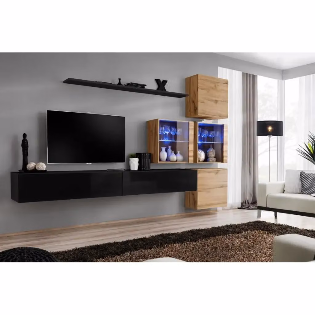Composizione murale SWITCH XIX Meublorama con mobile TV, cubi, vetrina con illuminazione LED e mensola, Nero lucido e Quercia Wotan, L: 310 cm, H: 200 cm, P: 40 cm – 2