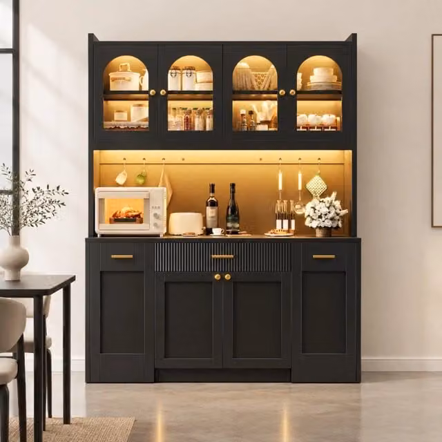 Mobile alto da cucina 120x40x187 cm in MDF nero, LED RGB, salvaspazio –
