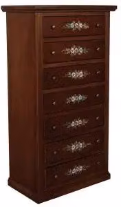 cassettiera settimino in legno arte povera 7 cassetti stretta mod noce scuro con decoro fiori