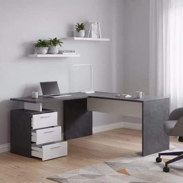 Scrivania Angolare DMORA Moderna con Cassettiera, Grigio e Bianco, L: 180 cm, P: 60 cm, H: 75 cm