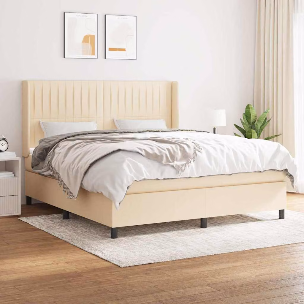 vidaXL Giroletto a Molle Ibrido con Materasso in Tessuto Beige e Bianco L/P/H: 183 x 203 x 128 cm