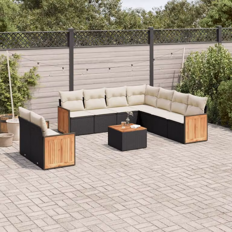 vidaXL Set Divani da Giardino a Forma di U in Polyrattan Nero con Cuscini e Tavolino da Caffè