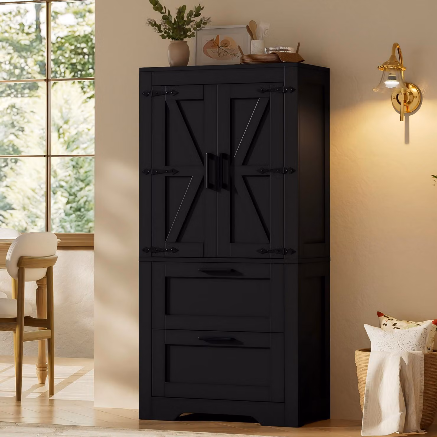 Mobiletto da cucina Flieks con 2 cassetti, ripiani interni regolabili, credenza in stile "porta di fienile", mobiletto per cucina o sala da pranzo, colore nero