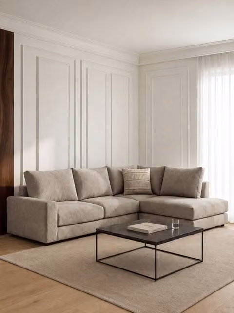Divano angolare destro Orson Kenay Home, 5 posti, marrone e beige, modello moderno in tessuto con cuscini inclusi, Larghezza: 299 cm