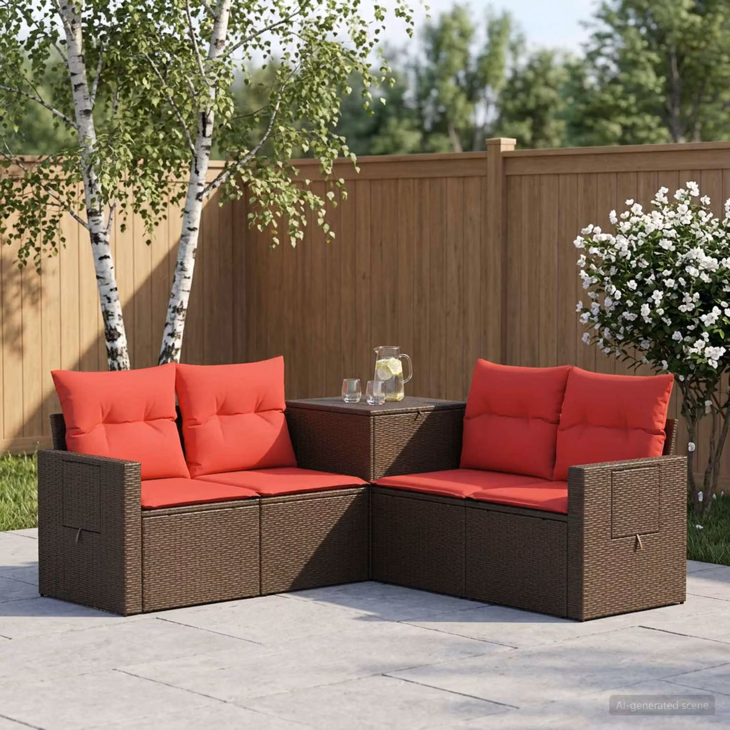 Set di divani da giardino a forma di L vidaXL in polyrattan marrone e rosso con cuscini inclusi