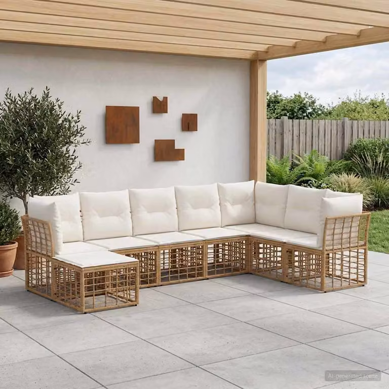 Set di divani da esterno a L vidaXL con pouf, struttura in metallo e cuscini beige e bianchi per giardino e terrazza
