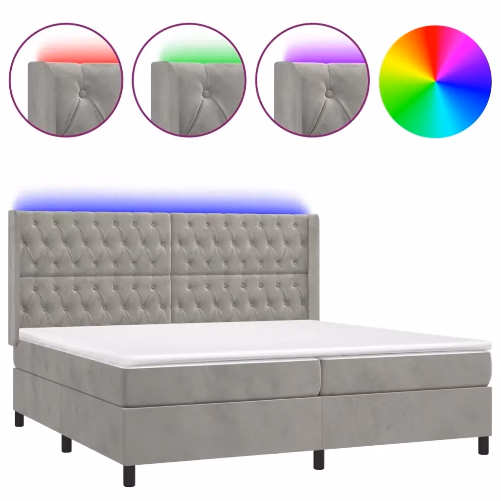 Letto matrimoniale moderno vidaXL in velluto grigio con illuminazione LED sottostante e porte USB, struttura in legno e materasso ibride, L/P/H: 200 x 200 x 203 cm – 2