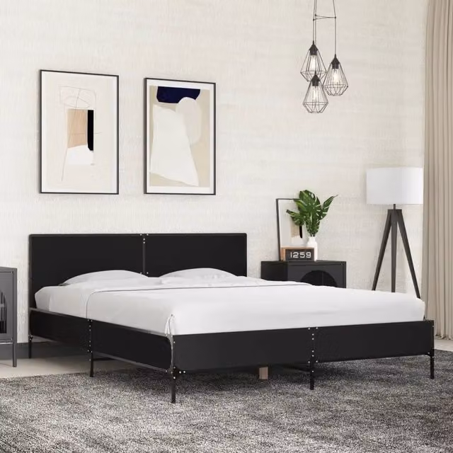 Letto Giroletto Nero vidaXL in Legno Multistrato e Metallo L: 150 cm, P: 200 cm – 1