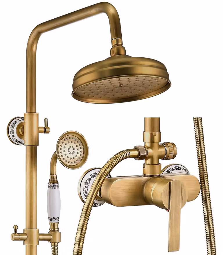 Sistema di doccia a parete, soffione da 20 cm, doccetta manuale, ottone anticato