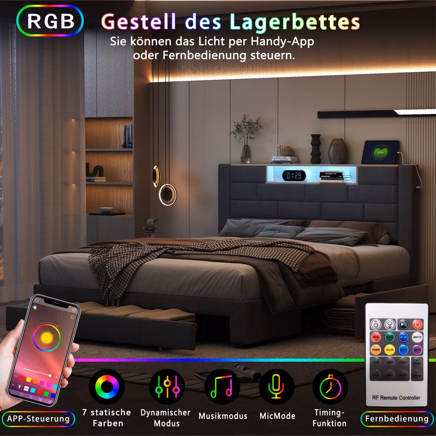 UnboxG Letto imbottito 140x200cm con 3 cassetti, letto contenitore letto matrimoniale con funzione di ricarica (USB&Typ-c), letto per ragazzi letto in legno con LED, letto funzionale in velluto, grigio