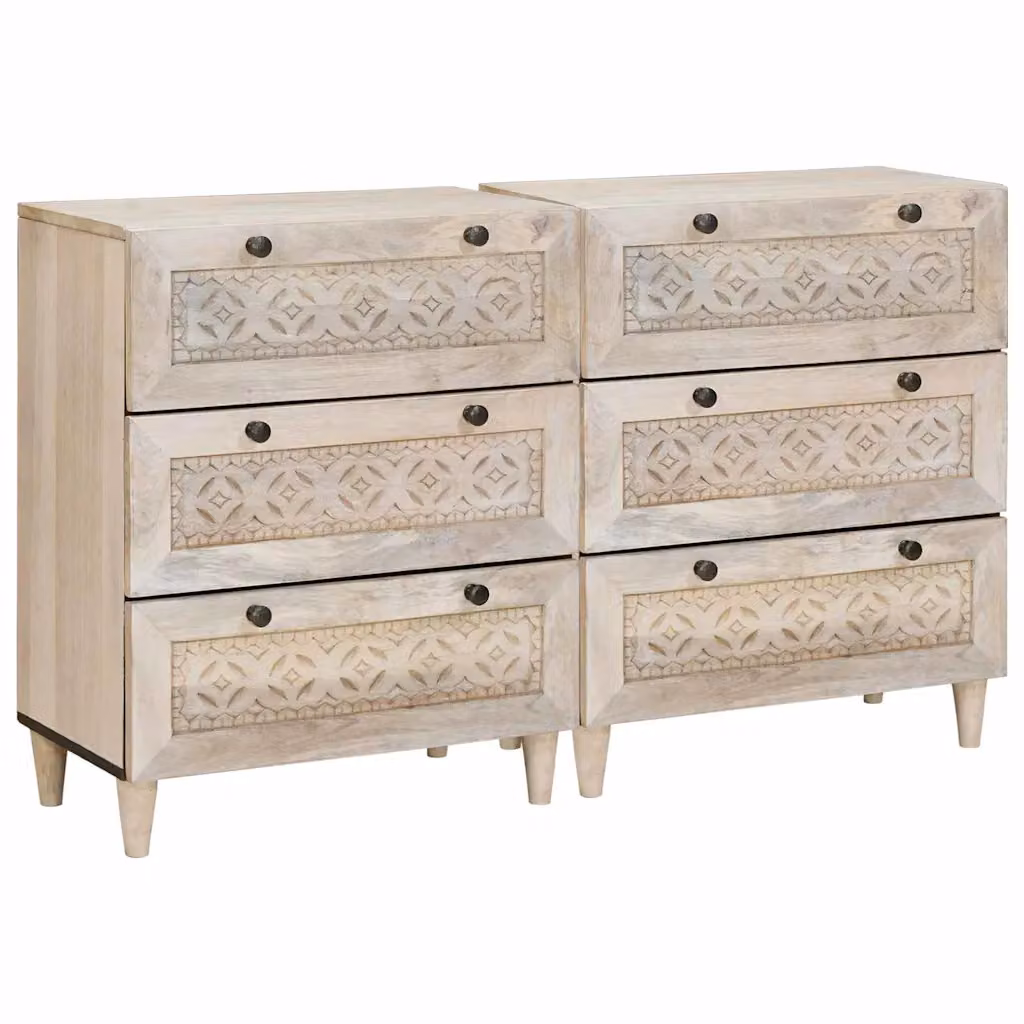 Set di 2 credenze vidaXL in legno massello di mango bianco, stile classico e design geometrico, L 120 x P 33,5 x H 75 cm