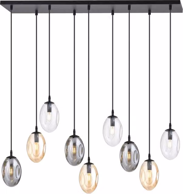 Sospensione Minimal 9 Luci Lancelot Acciaio Nero Vetro Ambra, Fumè Trasparente