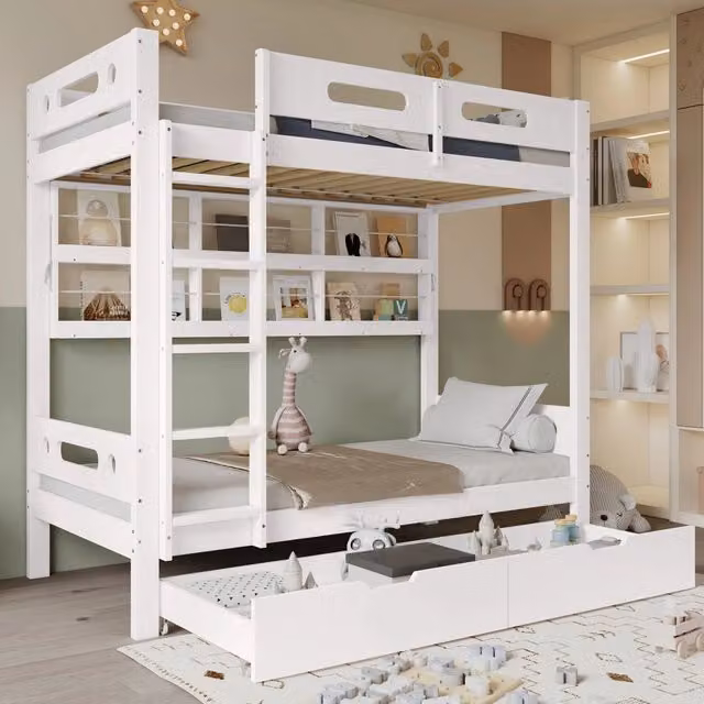 Letto a castello 90×200 cm con 2 cassetti, ripiani aperti e scala a 5 gradini, senza materasso, bianco