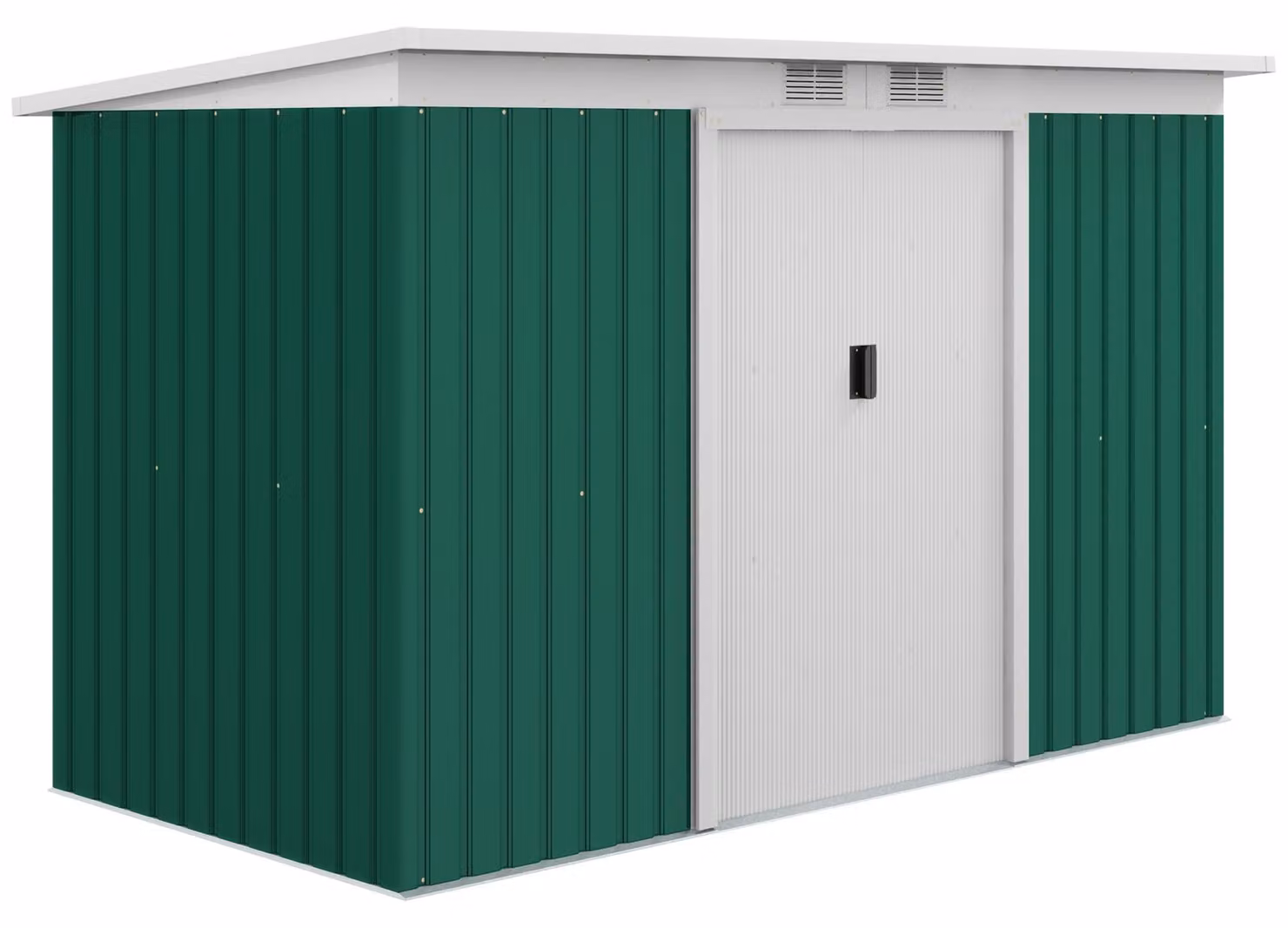 Capanno per attrezzi Moonbite, dimensioni 280x130x172 cm, con tetto a falda e porta scorrevole, realizzato in lamiera d'acciaio zincata con bordo inferiore protettivo, dotato di 2 griglie di ventilazione, superficie superiore a 3,2 m², colore verde scuro