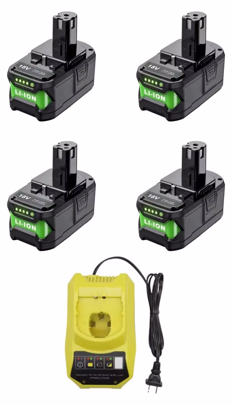 Batterie ricaricabili, capacità 9500mAh, tecnologia agli ioni di litio, compatibili con Ryobi, confezione da 4 pezzi con 1 caricabatterie