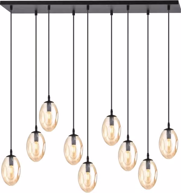 Sospensione Minimal 9 Luci Lancelot Acciaio Nero E Vetro Ambra