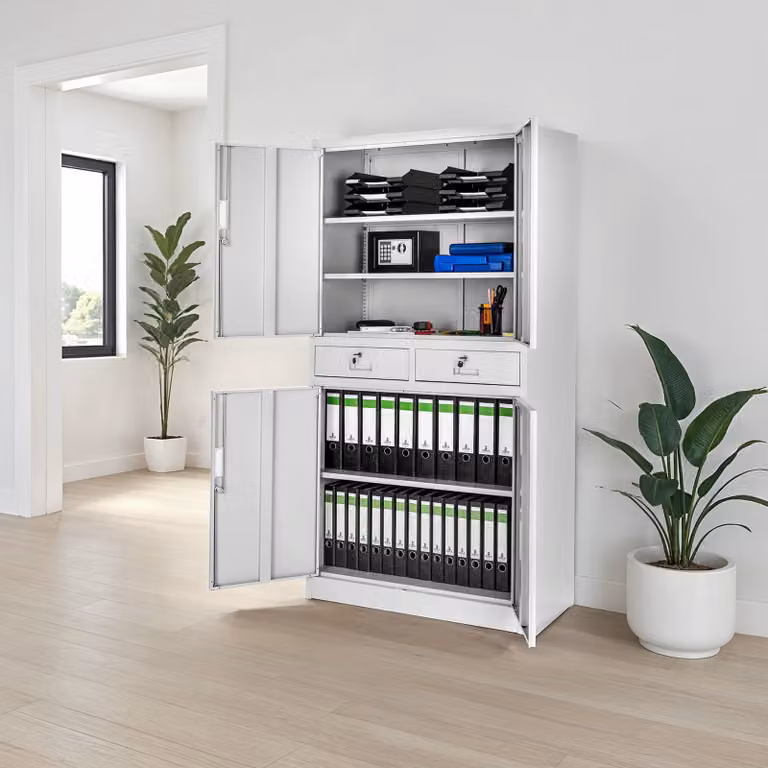 Armadio da ufficio Tectake in metallo lacca grigia con ante a battente, cassetti interni e ripiani regolabili, H 180 x L 80 x P 40 cm