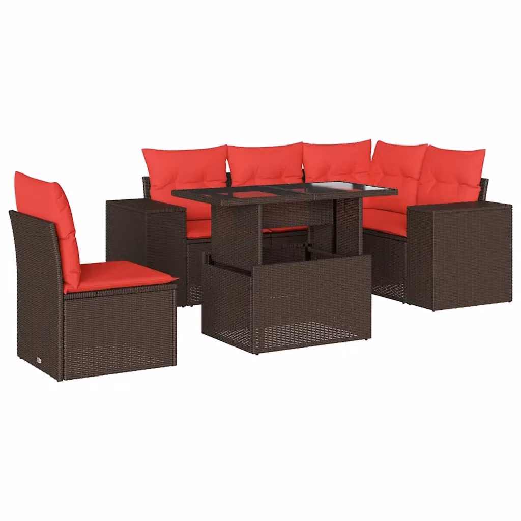 Set da giardino moderno vidaXL composto da 6 pezzi con divani a L, tavolino da caffè e cuscini marroni in polyrattan e metallo – 2