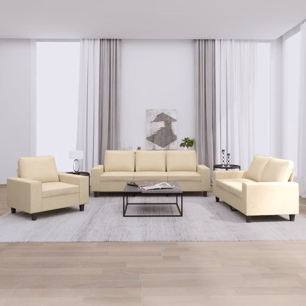 Set di divani 3 pezzi vidaXL in tessuto beige con struttura in metallo e MDF per soggiorno – 1