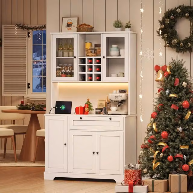 Credenza da cucina Mivray bianca con 5 ante, cassetto, ripiani regolabili, illuminazione LED integrata e ante in vetro, L 180 x H 105 x P 40 cm