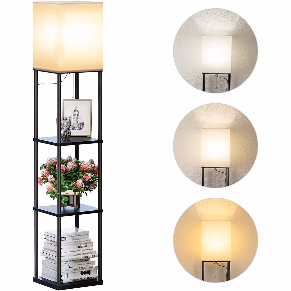 Lampada da terra LED da 1,6 metri, con mensola, lampada da terra con 3 temperature di colore, lampadine, paralumi in lino, lampade da terra per camera da letto, ufficio